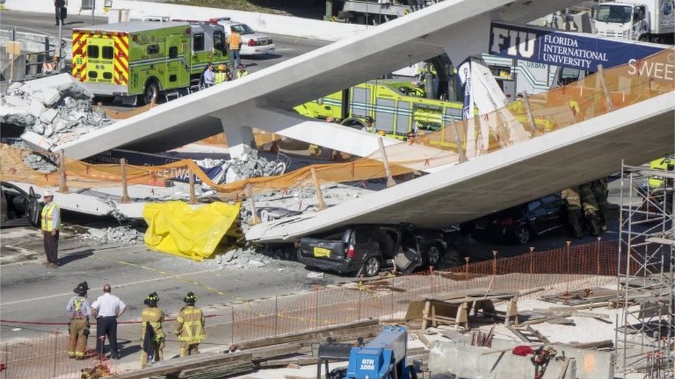 View of the collapsed pedestrian bridge on the Florida International University in Miami, Florida.