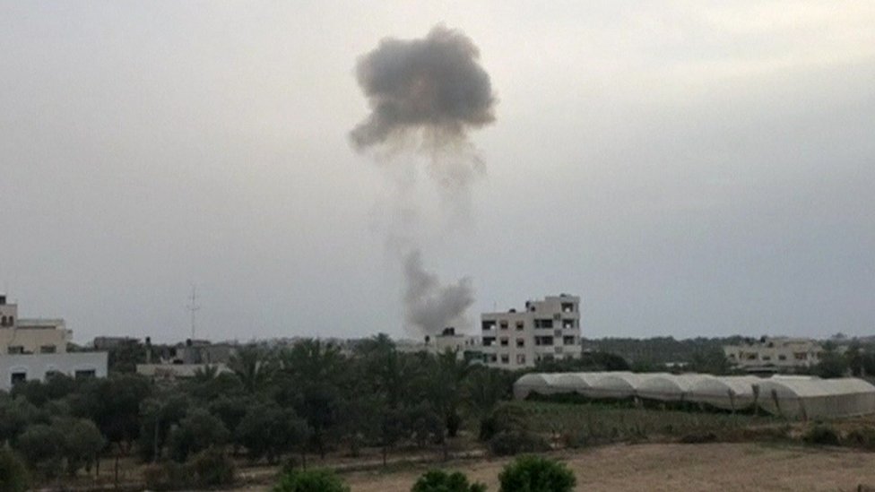 TV footage of smoke from Gaza explosion. 5 May 2018