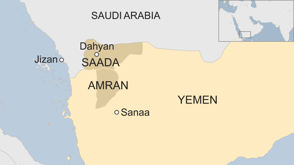 Map of Yemen showing location of Dahyan, Saada province