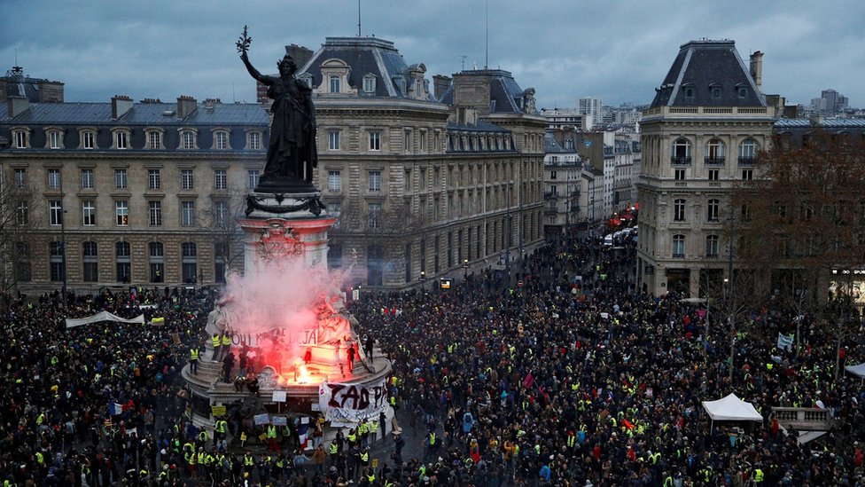 A view of the Place de la Republique as protesters wearing yellow vests gather during a national day of protest by the 