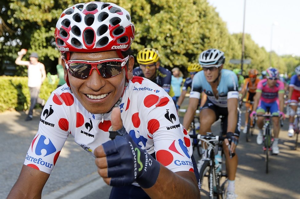 Nairo Quintana wearing the polka dot jersey during the 2013 Tour de France