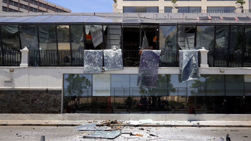 A general view showing the damages after an explosion hit Kingsbury Hotel in Colombo