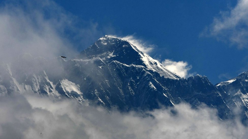 Mount Everest is seen in the far-away shot