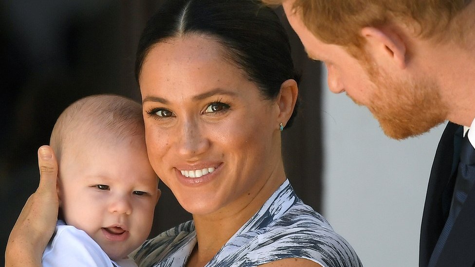 Prince Harry, Duke of Sussex and Meghan, Duchess of Sussex and their baby son Archie Mountbatten-Windsor at a meeting with Archbishop Desmond Tutu in South Africa on 25 September 2019