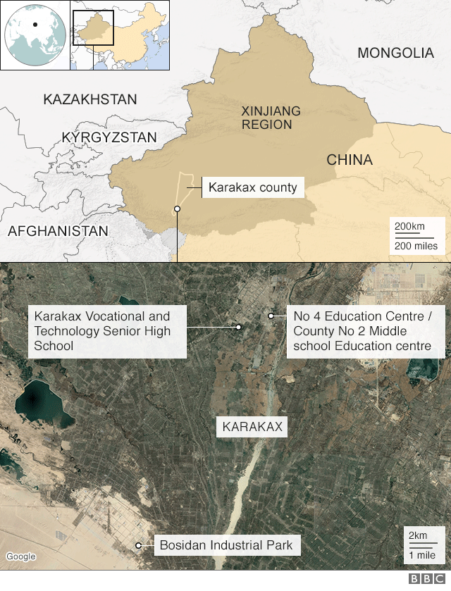 Map showing location of three of the four camps identified by Adrian Zenz from the Karakax List