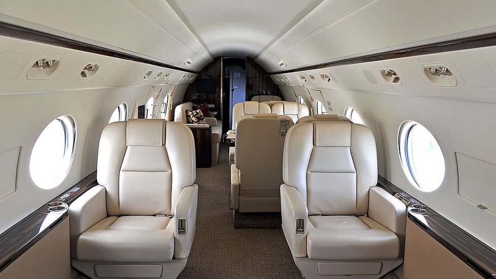 The interior of a private jet.