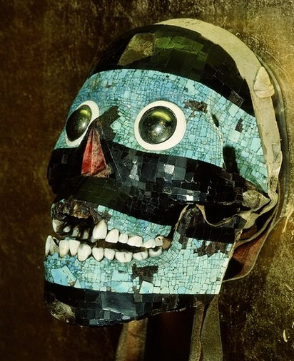 Mask of Tezcatlipoca, the Smoking Mirror, formed of turquoise and lignite mosaic set over a human skull