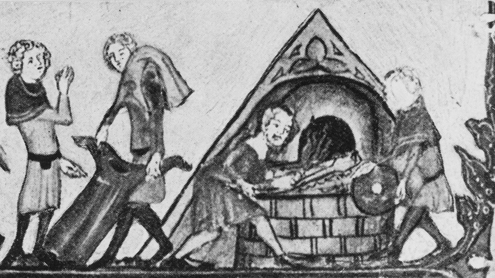 Clothes infected by the Black Death being burnt in medieval Europe