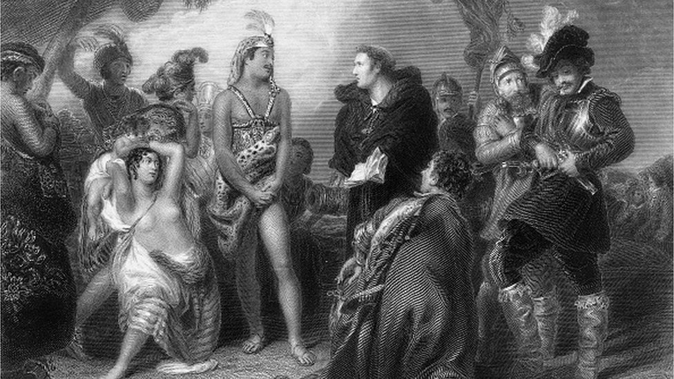 Illustration of a meeting between the Spanish Conquistadors and the natives of Peru.