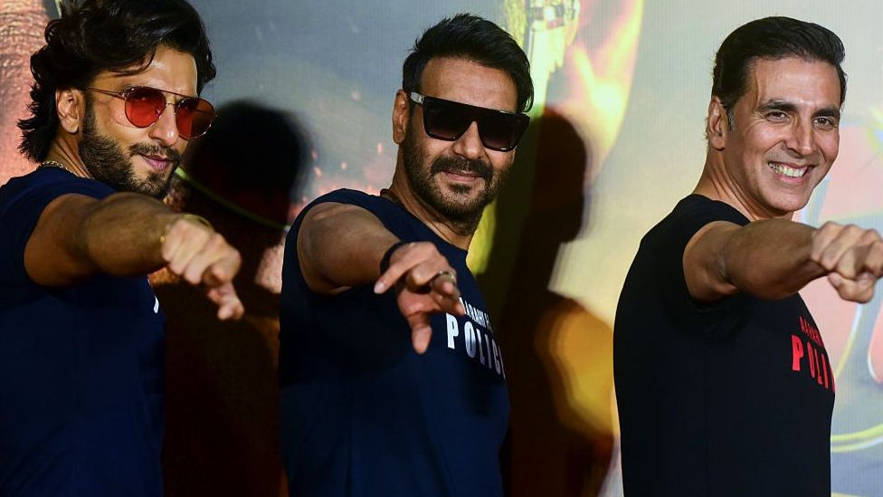 Bollywood actors Ranveer Singh (L), Ajay Devgn (C) and Akshay Kumar pose for a picture during the trailer launch of their upcoming action Hindi film 'Sooryavanshi' in Mumbai on March 2, 2020. (Photo by Sujit Jaiswal / AFP) (Photo by SUJIT JAISWAL/AFP via Getty Images)