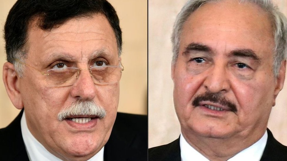 Libya's UN-backed Prime Minister Fayez al-Sarraj (l) and Gen Khalifa Hafta