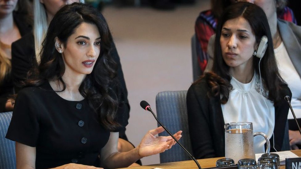 Human rights lawyer Amal Clooney as Iraqi human rights activist Nadia Murad Basee Taha looks on during a United Nations Security Council meeting at U.N. headquarters