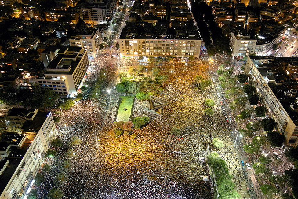 An aerial view of protesters