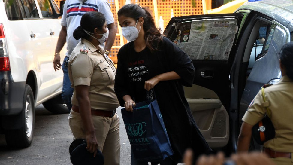Rhea Chakraborty outside NCB office after being summoned for questioning in connection with Sushant Singh Rajput's death case at Ballard Estate on September 8, 2020 in Mumbai, India.