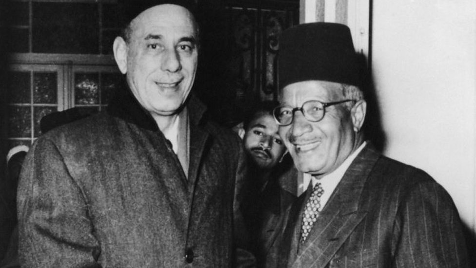 Abdul Rahman Hassan Azzam (left), former Secretary-General of the Arab League, meets Hassan al-Hudaybi (1891 - 1973), leader of the Muslim Brotherhood, upon the latter's release from prison in Cairo, Egypt, 29th March 1954.