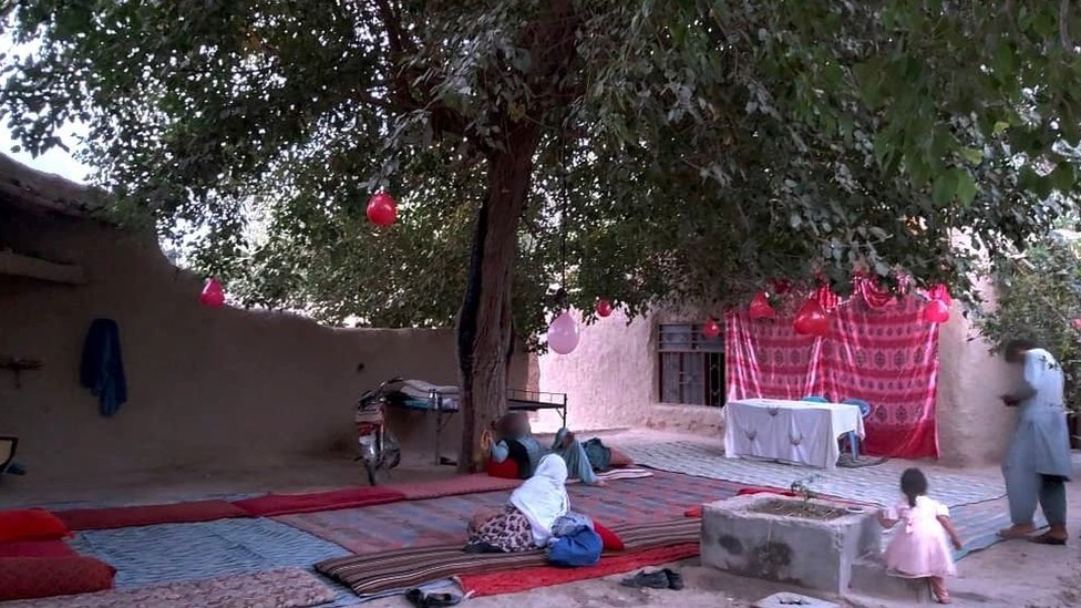 A tree with balloons and carpets set out for a celebration