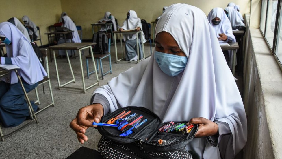 Students of Al-Haramain secondary school attend a class on their first day of re-opened school in Dar es Salaam, Tanzania, on June 1, 2020