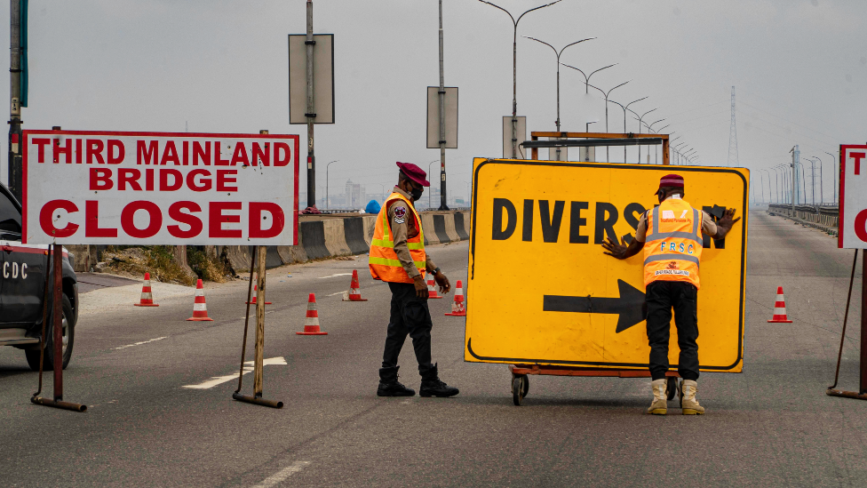 A diversion sign on the Third Mainland Bridge, Lagos, Nigeria