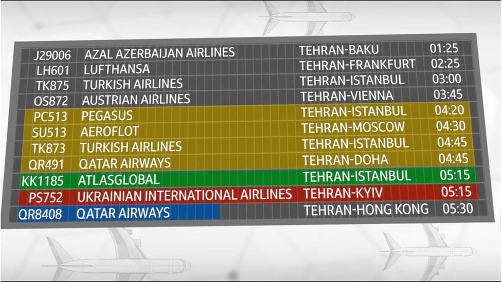 The departures board at Imam Khomeini Tehran International Airport.