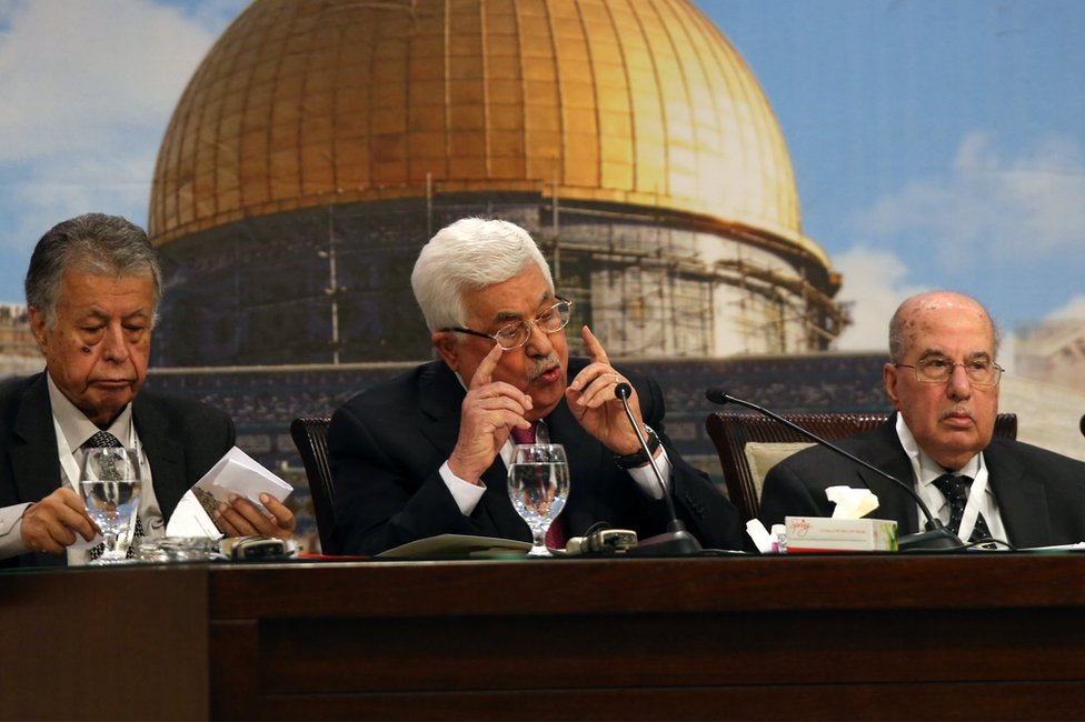 Mahmoud Abbas (C) addresses The Palestinian National Council 23rd opening session in the West Bank town of Ramallah, 30 April