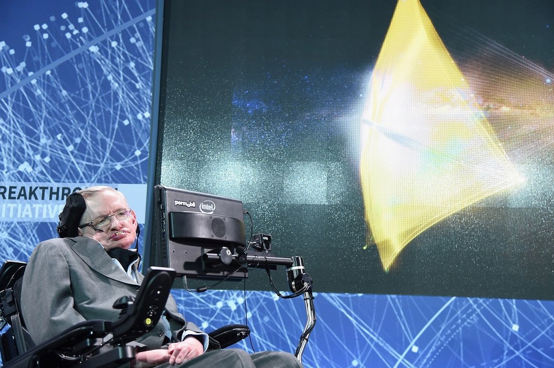 Cosmologist Stephen Hawking on stage at the New Space Exploration Initiative 'Breakthrough Starshot' - in New York City, 12 April 2016.