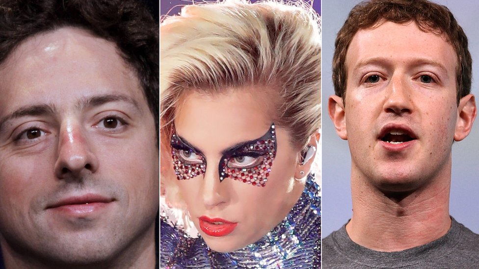 Google's Sergey Brin, Lady Gaga and Facebook's Mark Zuckerberg