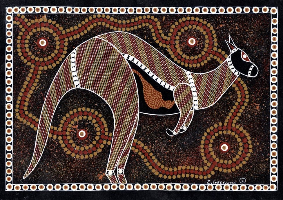 Aboriginal dot painting of a kangaroo, an by an indigenous Australian Aboriginal Artist - Ochre on card, Stanley Geebung, Circa 1995