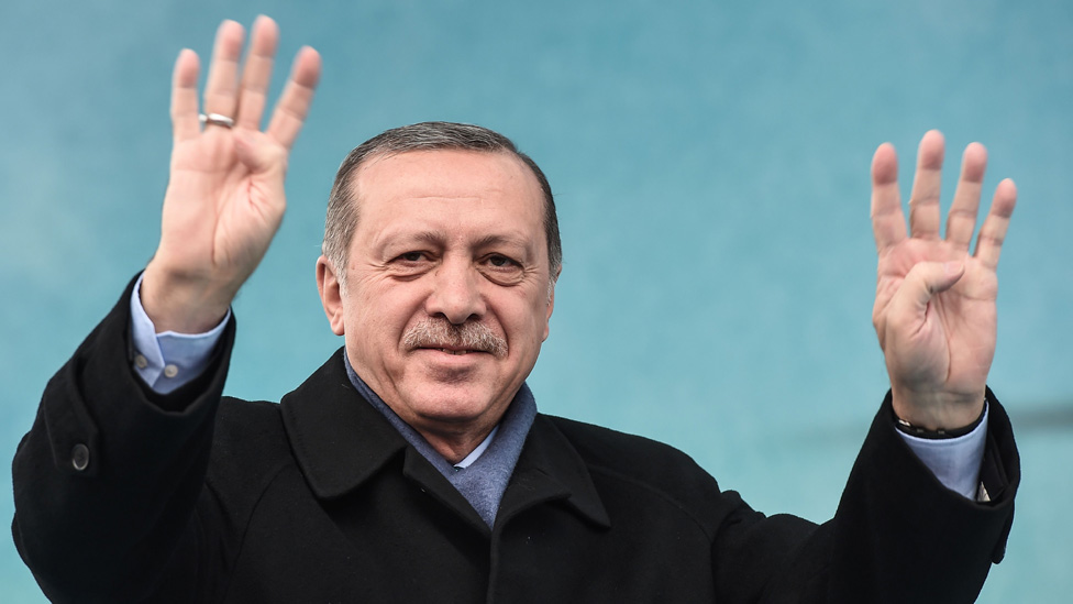 President Erdogan giving four-finger salute, 11 Mar 17