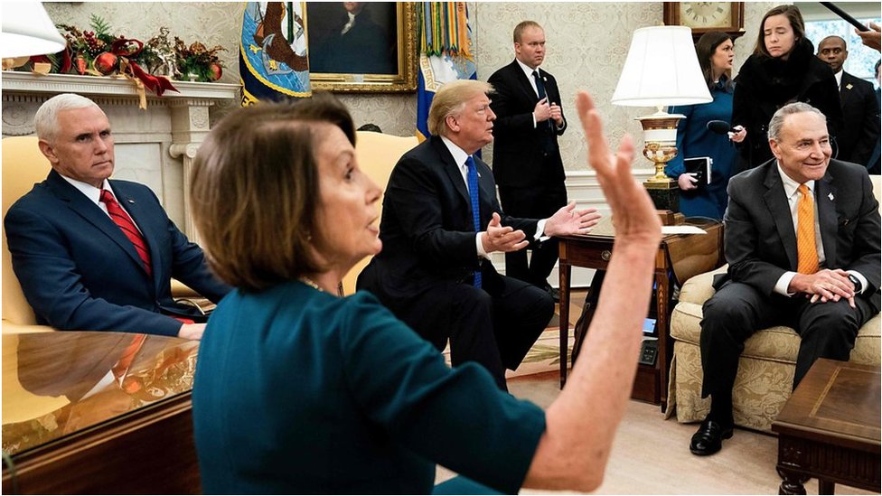 'See, we get along,' the president joked during testy exchanges with Nancy Pelosi and Chuck Schumer.