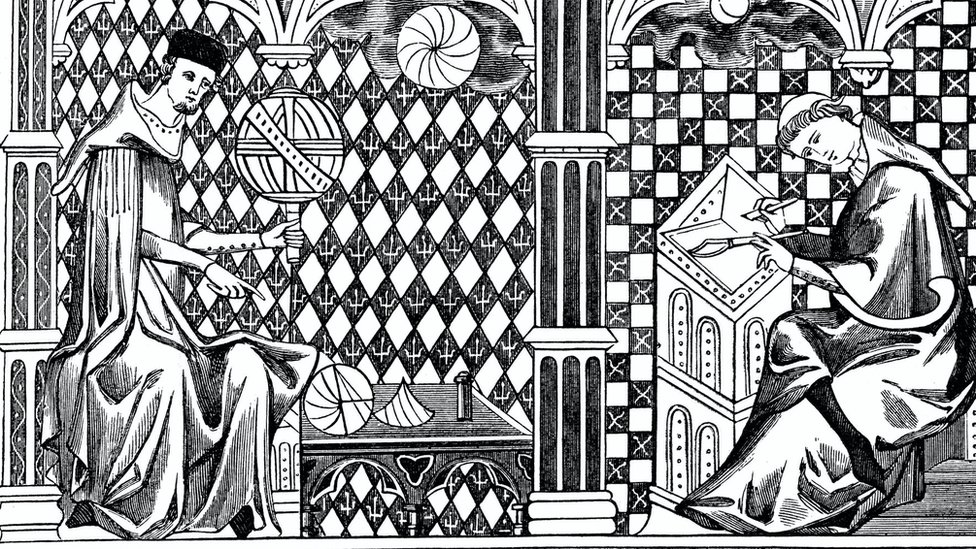 Medieval illustration of one monk teaching the globe and another writing a manuscript