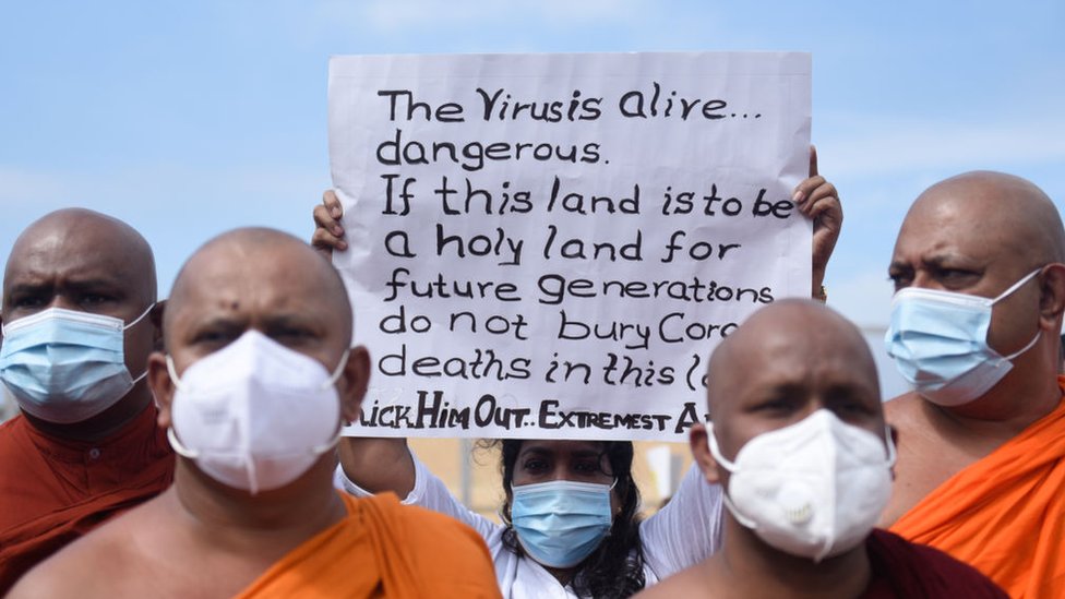 A demonstration in Sri Lanka in support of the government's policy of mandating cremations for those who die of Covid-19