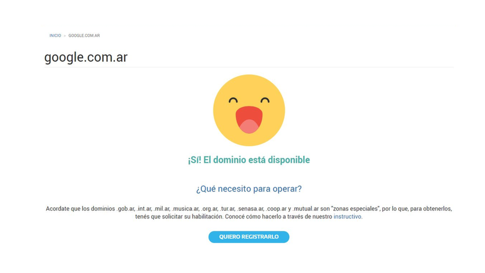 Screengrab of NIC page, allowing Nicolas to buy www.google.com.ar