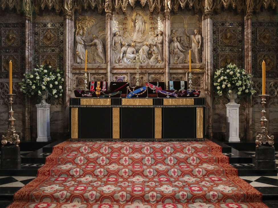 The Duke of Edinburgh's Insignia's placed on the altar in St George's Chapel, Windsor, ahead of his funeral.