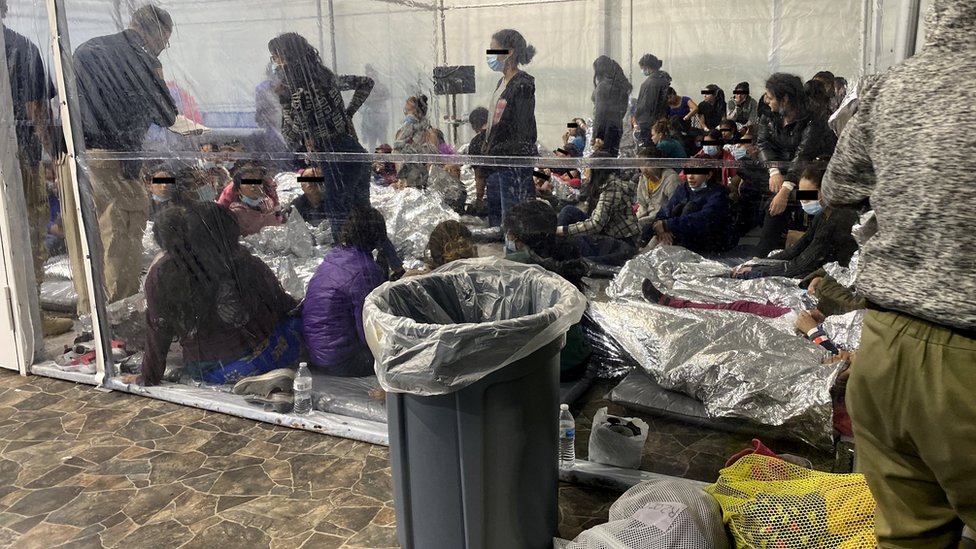 Migrants at the US Customs and Border Protection temporary processing centre in Donna, Texas, 22 March 2021