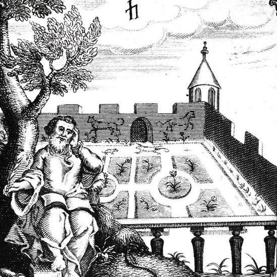A 19th Century woodcut engraving depicting a man holding his head. He's sitting under a tree in a walled garden with gazebo. The illustration is a detail from the frontispiece of Robert Burton's 
