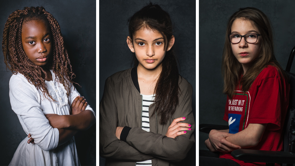 Composite image of three girls with arms crossed
