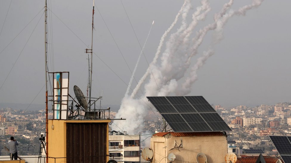 Rockets are launched by Palestinian militants in Gaza towards Israel (10 May 2021)