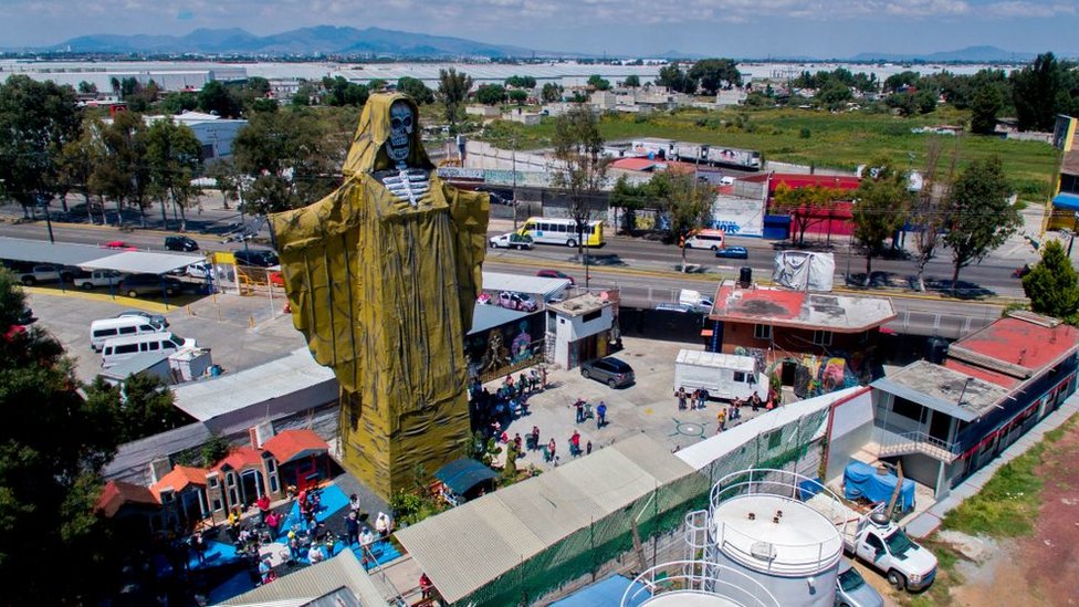 Aerial view of a 22-meter-high figure of Saint Death during a ceremony at the International Sanctuary of Saint Death in Mexico