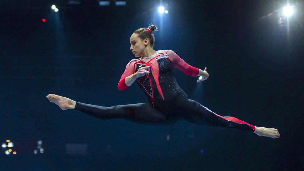 Germany's Sarah Voss performs on the balance beam during the women's qualification round of the 2021 European Artistic Gymnastics Championships in the St. Jakobshalle in Basel, Switzerland, 21 April 2021