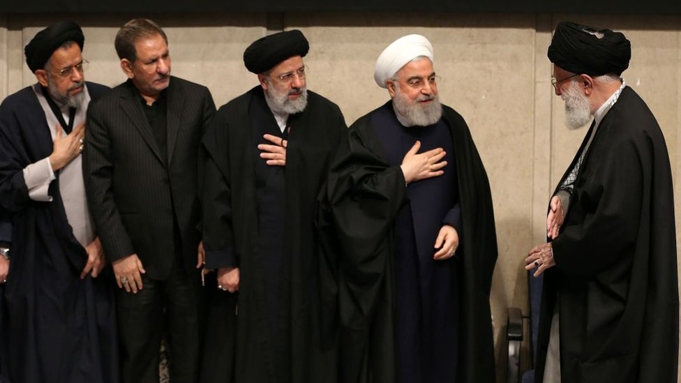 Iranian Supreme Leader Ayatollah Ali Khamenei (R), Iranian President Hassan Rouhani (R2), judiciary chief Ebrahim Raisi (L3), First Vice President Eshaq Jahangiri (L2) and Intelligence Minister Mahmoud Alavi (L) attend a memorial for Qasem Soleimani in Tehran, Iran (9 January 2020)