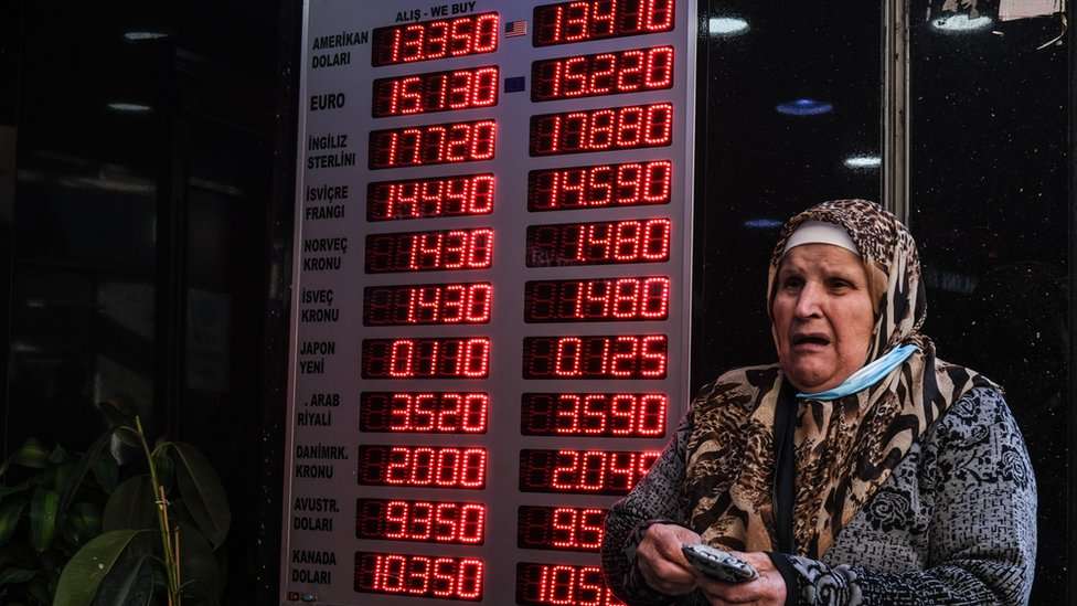 A woman checks rates on a board of the currency exchange office in Istanbul, Turkey, 02 December 2021