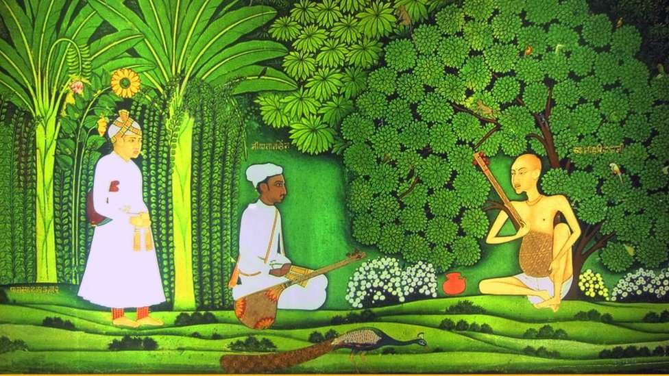 بادشاہ اکبر تان سین کو سوامی ہری داس سے موسیقی کی تعلیم لیتے ہوئے دیکھ رہے ہیں