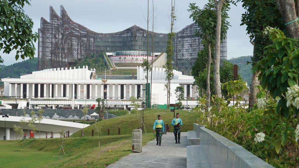 Military personnel conduct patrol near Istana Garuda at Indonesia's new capital city Nusantara, August 2024
